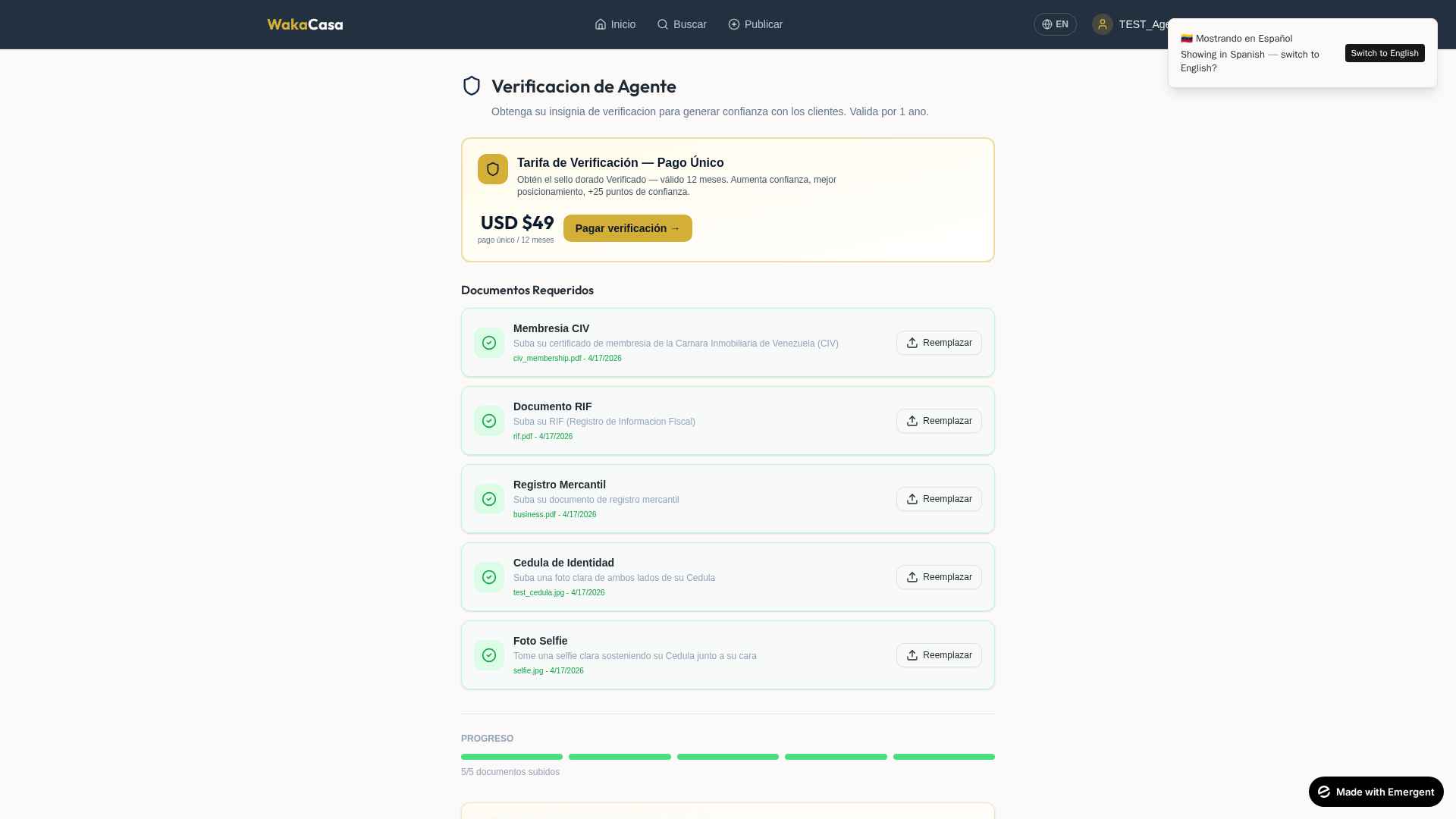 Panel de verificación WakaCasa